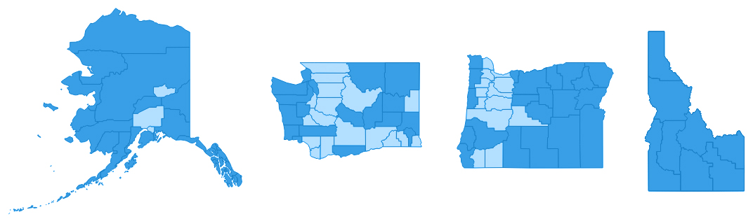 States of Alaska, Washington, Oregon, and Idaho, each with their counties shaded light or dark blue.
